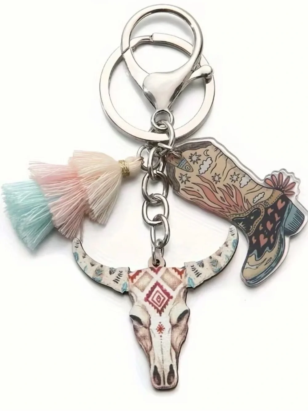 Western Boho Pastel Tassel Cow Skull & Cowboy Boot Keychain or Bag Charm